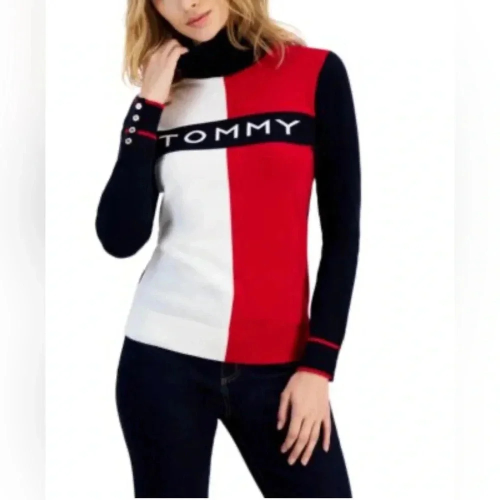 Tommy Hilfiger Women’s Logo Pullover Colorblocked Turtleneck Sz S #005
